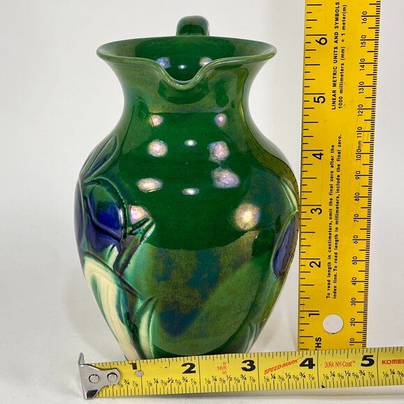 Antique Awaji Pottery Blue White Iris Green Pitcher Awaji Ware Glazed Japan - Picture 15 of 16